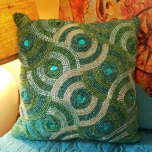 TEAL AND GREEN JEWELED, BEADED 12X12 PILLOW